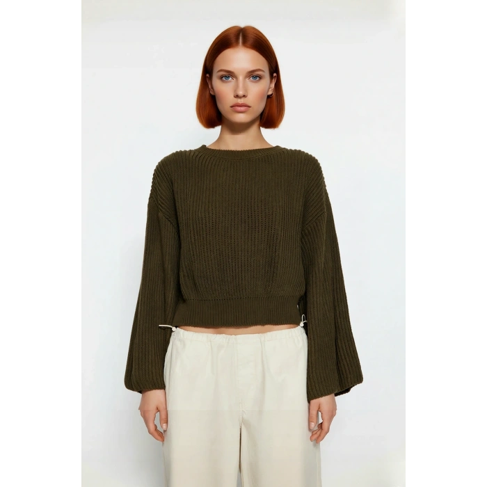 Kadın Gri %100 Akrilik Oversize Selanik Dokuma Bisiklet Yaka İspanyol Kol Crop Triko Kazak