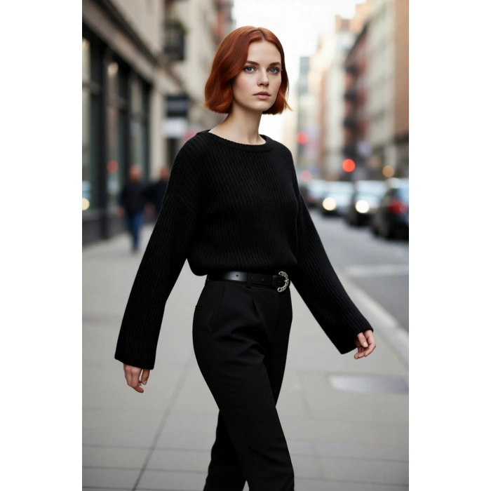 Kadın Gri %100 Akrilik Oversize Selanik Dokuma Bisiklet Yaka İspanyol Kol Crop Triko Kazak