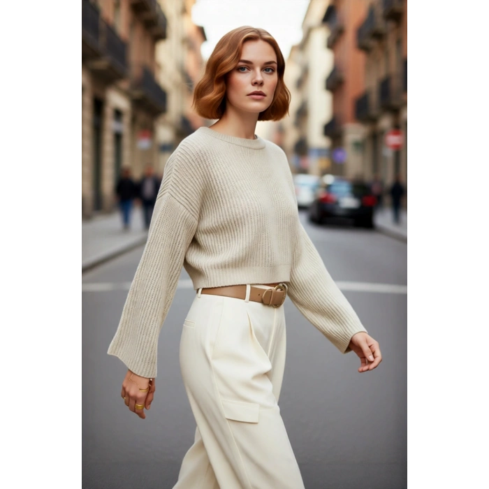 Kadın Gri %100 Akrilik Oversize Selanik Dokuma Bisiklet Yaka İspanyol Kol Crop Triko Kazak