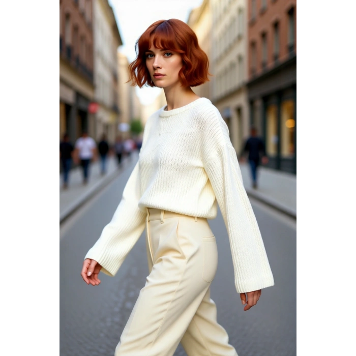 Kadın Gri %100 Akrilik Oversize Selanik Dokuma Bisiklet Yaka İspanyol Kol Crop Triko Kazak