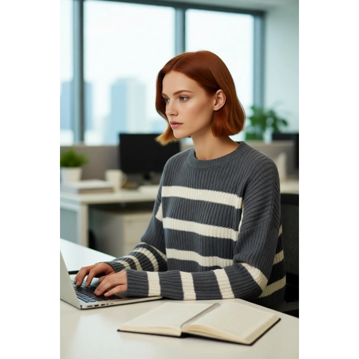 Kadın Gri Çizgili Rahat Kesim Crop Bisiklet Yaka Triko Kazak Düşük Kollu Kışlık Şıklık Kaliteli