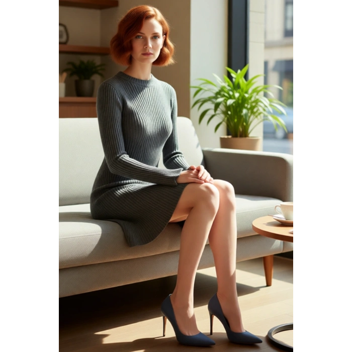 Kadın Gri Düz Desen A Line Siluet Akrilik Triko Elbise Uzun Kollu Bisiklet Yaka Günlük Şıklık