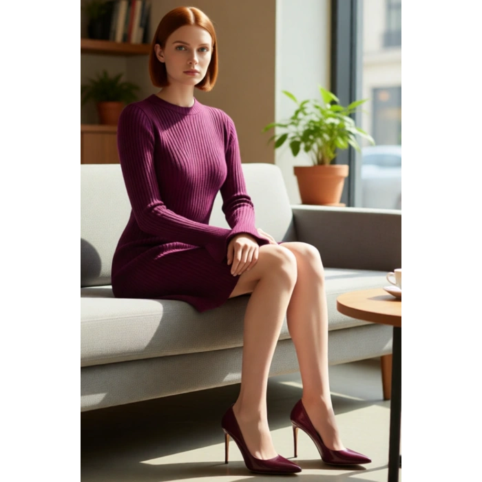 Kadın Gri Düz Desen A Line Siluet Akrilik Triko Elbise Uzun Kollu Bisiklet Yaka Günlük Şıklık