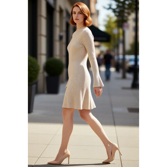 Kadın Gri Düz Desen A Line Siluet Akrilik Triko Elbise Uzun Kollu Bisiklet Yaka Günlük Şıklık