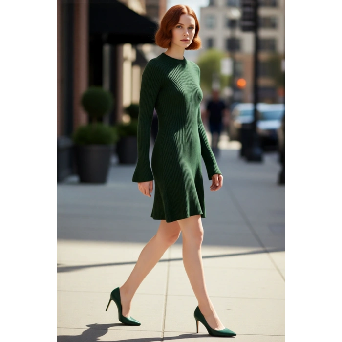 Kadın Gri Düz Desen A Line Siluet Akrilik Triko Elbise Uzun Kollu Bisiklet Yaka Günlük Şıklık