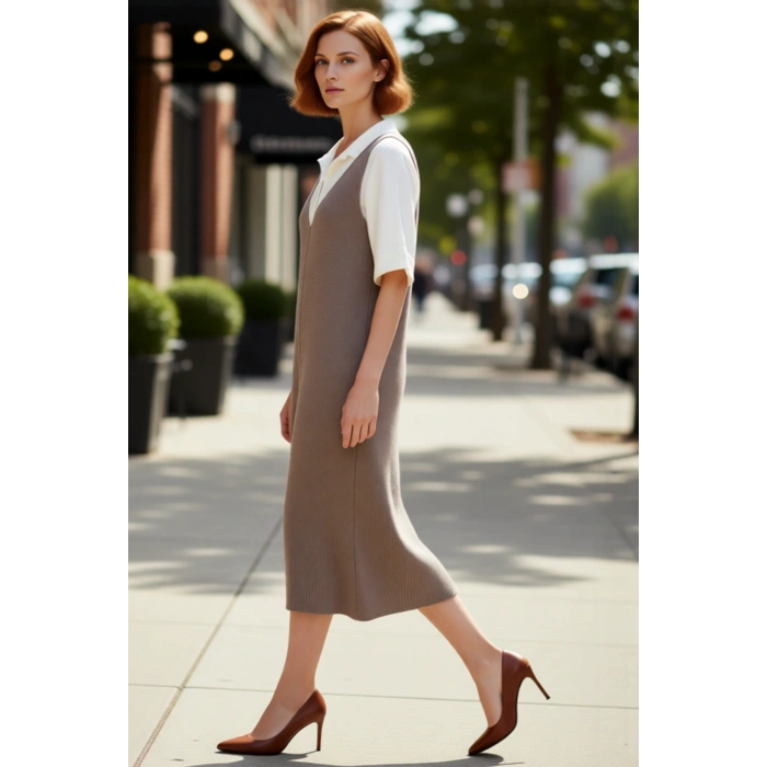 Kadın Gri Jile Triko Elbise Midi Boy V Yaka Kolsuz Rahat Kesim İlkbahar Sonbahar Günlük Şıklığı