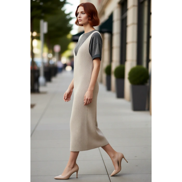 Kadın Gri Jile Triko Elbise Midi Boy V Yaka Kolsuz Rahat Kesim İlkbahar Sonbahar Günlük Şıklığı