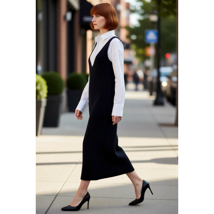 Kadın Gri Jile Triko Elbise Midi Boy V Yaka Kolsuz Rahat Kesim İlkbahar Sonbahar Günlük Şıklığı