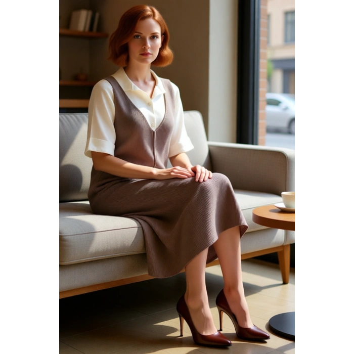 Kadın Gri Jile Triko Elbise Midi Boy V Yaka Kolsuz Rahat Kesim İlkbahar Sonbahar Günlük Şıklığı