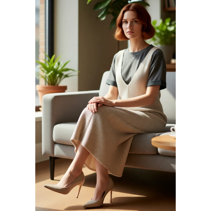 Kadın Gri Jile Triko Elbise Midi Boy V Yaka Kolsuz Rahat Kesim İlkbahar Sonbahar Günlük Şıklığı