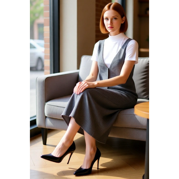 Kadın Gri Jile Triko Elbise Midi Boy V Yaka Kolsuz Rahat Kesim İlkbahar Sonbahar Günlük Şıklığı