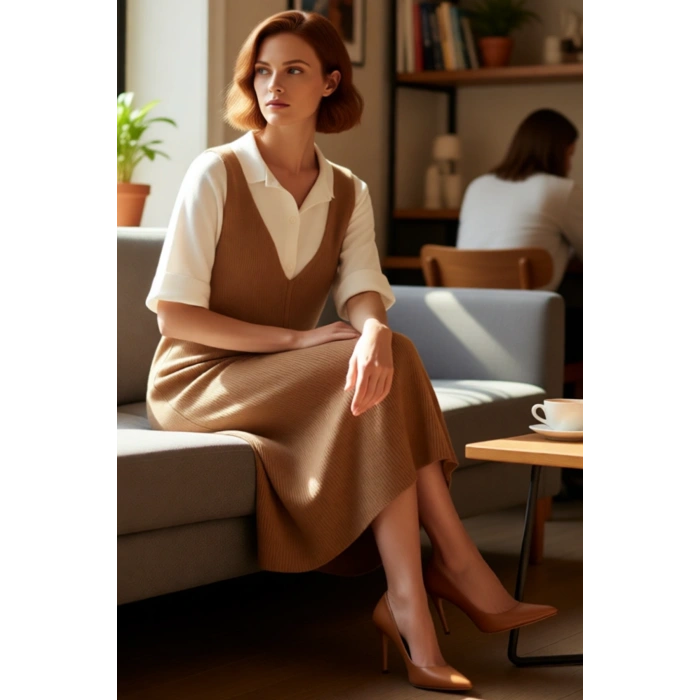 Kadın Gri Jile Triko Elbise Midi Boy V Yaka Kolsuz Rahat Kesim İlkbahar Sonbahar Günlük Şıklığı