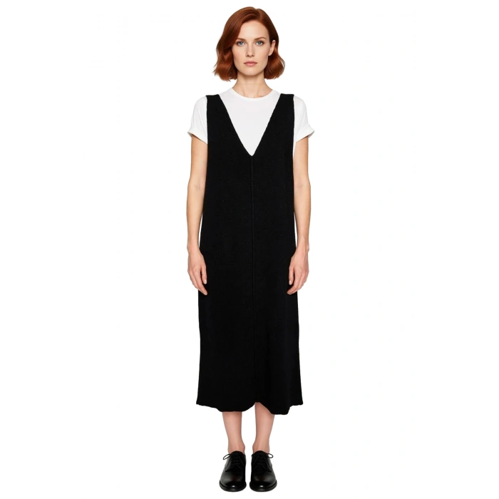 Kadın Gri Jile Triko Elbise Midi Boy V Yaka Kolsuz Rahat Kesim İlkbahar Sonbahar Günlük Şıklığı