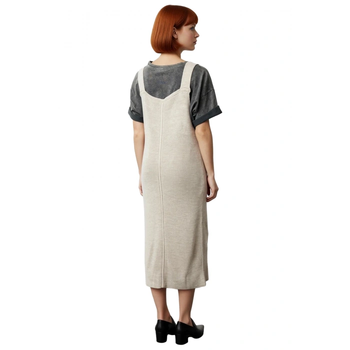 Kadın Gri Jile Triko Elbise Midi Boy V Yaka Kolsuz Rahat Kesim İlkbahar Sonbahar Günlük Şıklığı