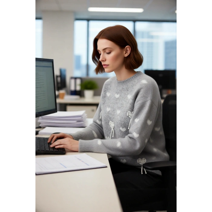 Kadın Gri Kalp Desenli Oversize Triko Kazak Düşük Kol Kış Sezonu İçin Modern ve Rahat Stil