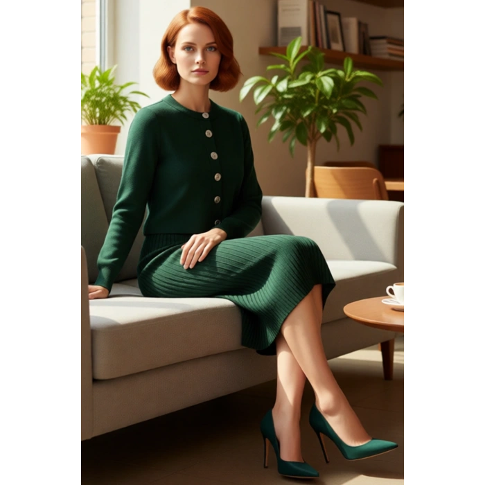 Kadın Gri Midi Bodycon Triko Elbise ve Kısa Hırka İkili Takım Sonbahar Kış Stili Kaliteli Şık