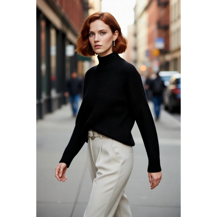 Kadın Gri Oversize Dik Yaka Akrilik Selanik Dokuma Uzun Kollu Basic Triko Kazak Kaliteli Şık