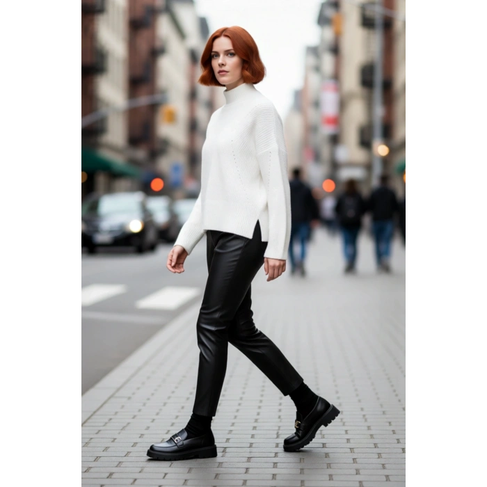 Kadın Gri Oversize Dik Yaka Akrilik Selanik Dokuma Uzun Kollu Basic Triko Kazak Kaliteli Şık