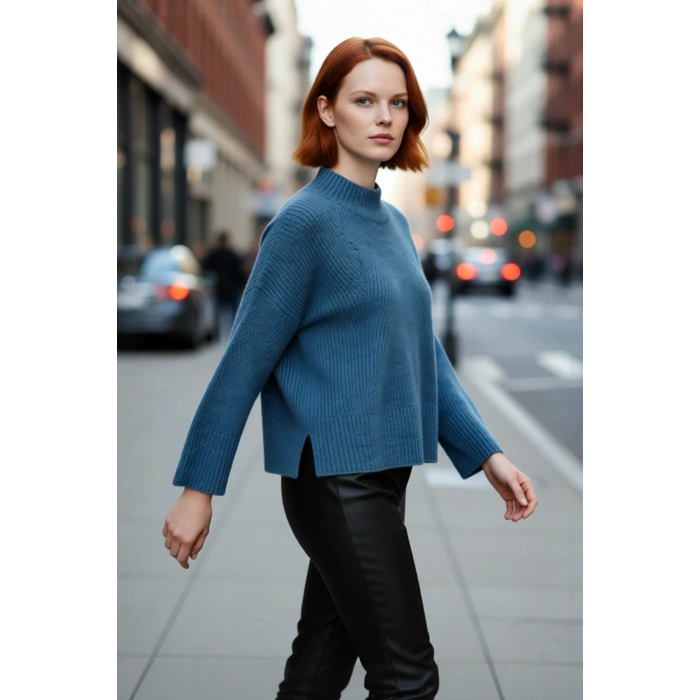 Kadın Gri Oversize Dik Yaka Akrilik Selanik Dokuma Uzun Kollu Basic Triko Kazak Kaliteli Şık