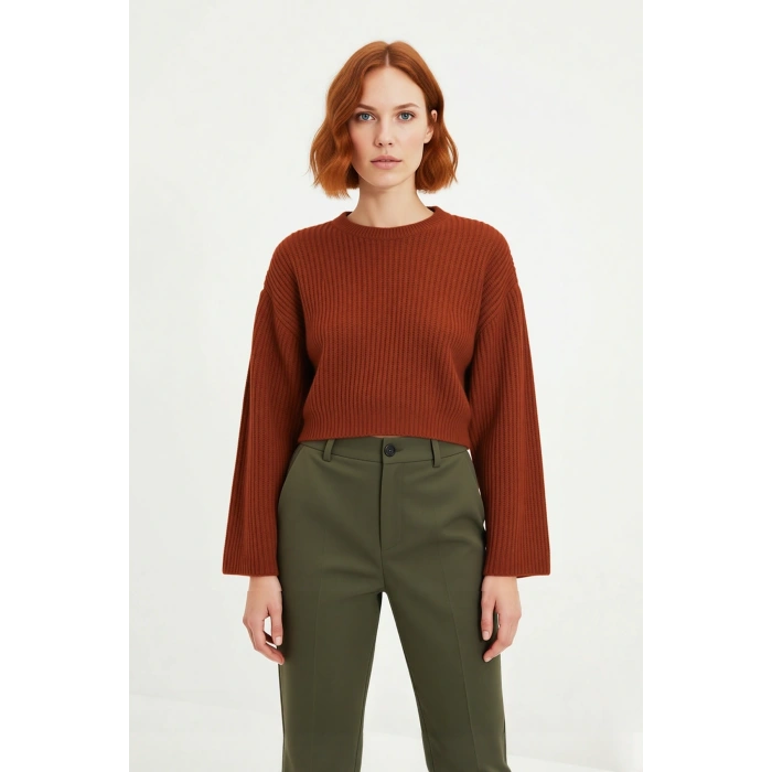 Kadın Gri Oversize Selanik Dokuma Bisiklet Yaka İspanyol Kol Crop Akrilik Triko Kazak Kaliteli