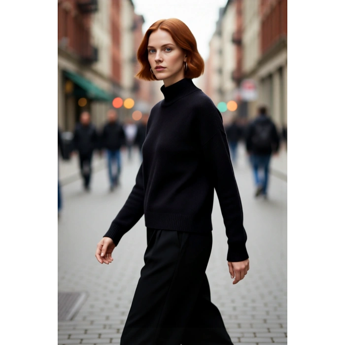 Kadın Gri Oversize Triko Kazak Dik Yaka Düşük Kol Detayıyla Kışın Rahat ve Şık Bir Tarz Kaliteli