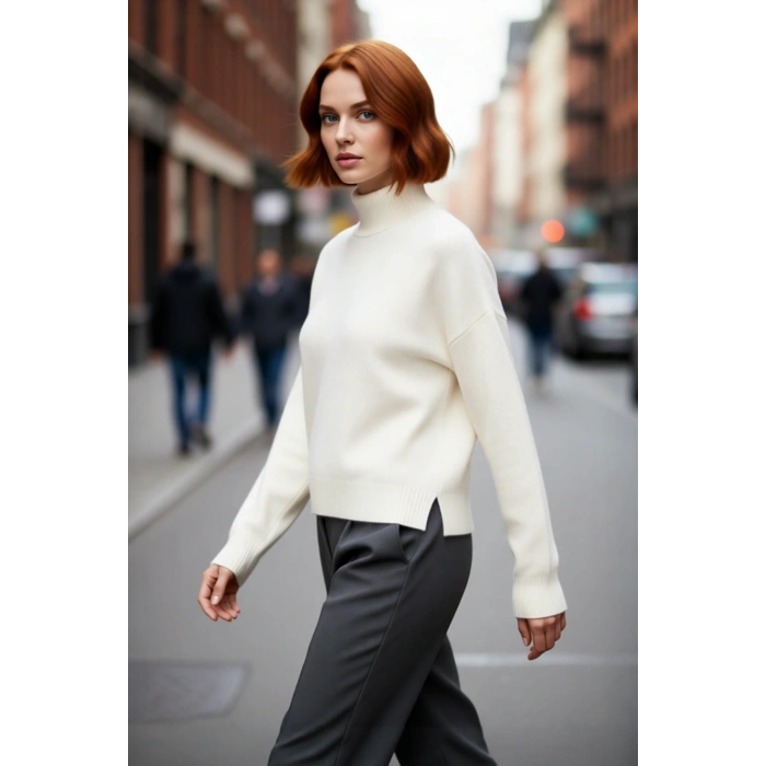 Kadın Gri Oversize Triko Kazak Dik Yaka Düşük Kol Detayıyla Kışın Rahat ve Şık Bir Tarz Kaliteli