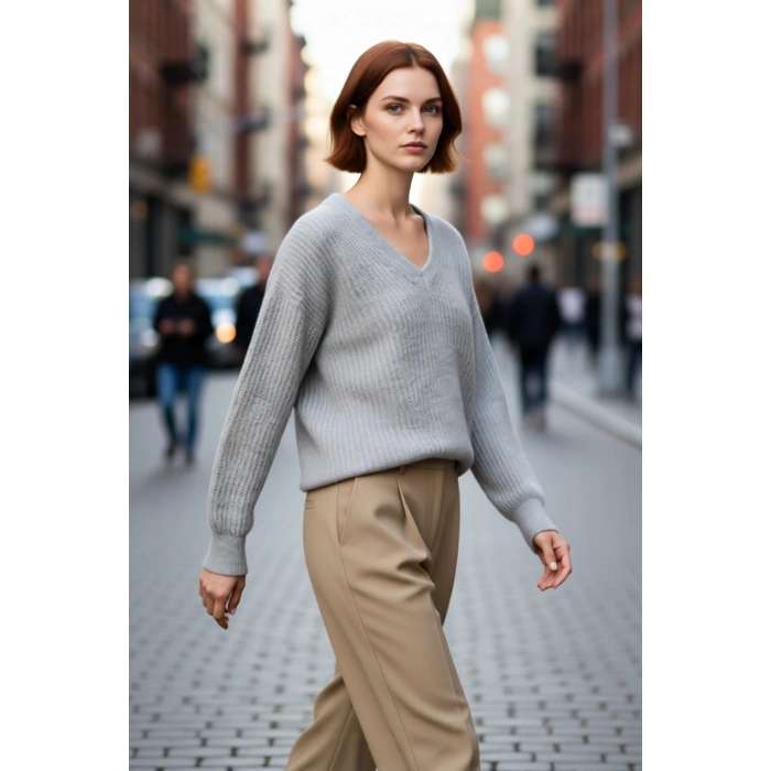 Kadın Gri Oversize V Yaka Triko Kazak Soğuk Havalarda Şıklık ve Konfor Sunan Düşük Kol Detayı
