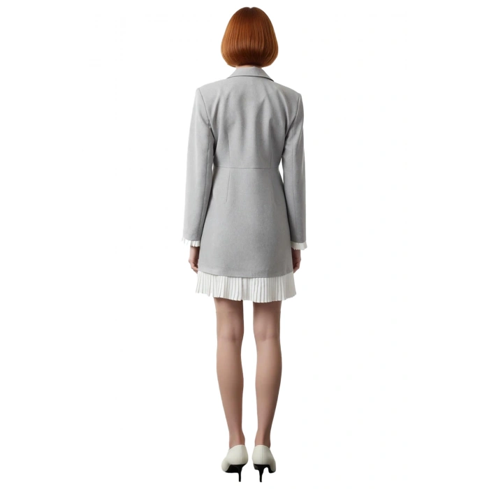 Kadın Gri Piliseli Etekli Blazer Elbise Uzun Kollu Ofis Stili İçin Modern Şık Mini Tasarım