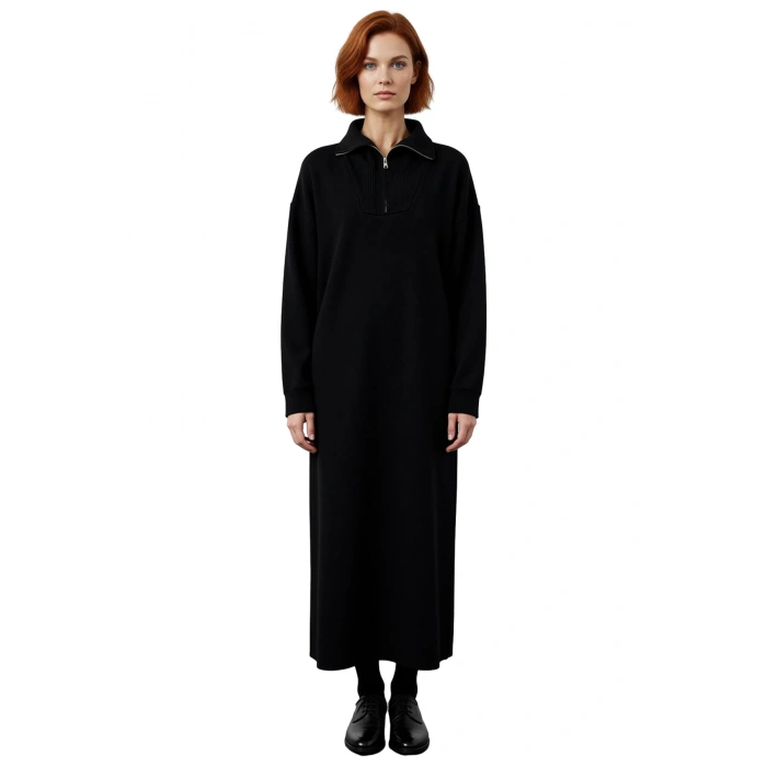 Kadın Gri Rahat Kesim Maxi Triko Elbise Fermuar Detaylı Dik Yaka Kışlık Günlük Stil Seçimi