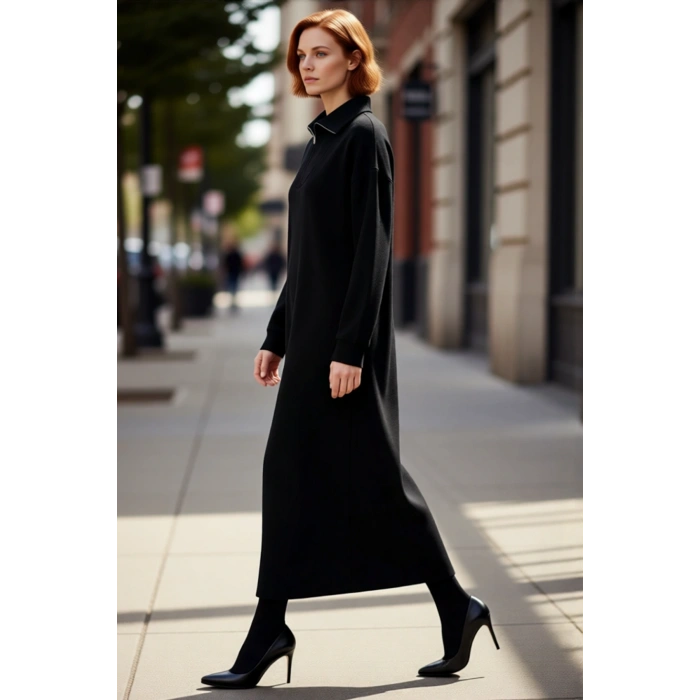 Kadın Gri Rahat Kesim Maxi Triko Elbise Fermuar Detaylı Dik Yaka Kışlık Günlük Stil Seçimi