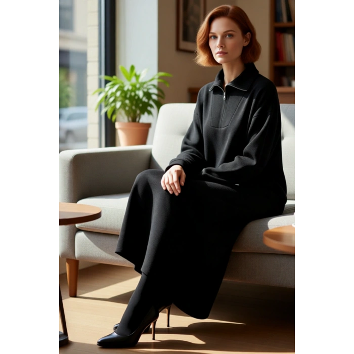 Kadın Gri Rahat Kesim Maxi Triko Elbise Fermuar Detaylı Dik Yaka Kışlık Günlük Stil Seçimi