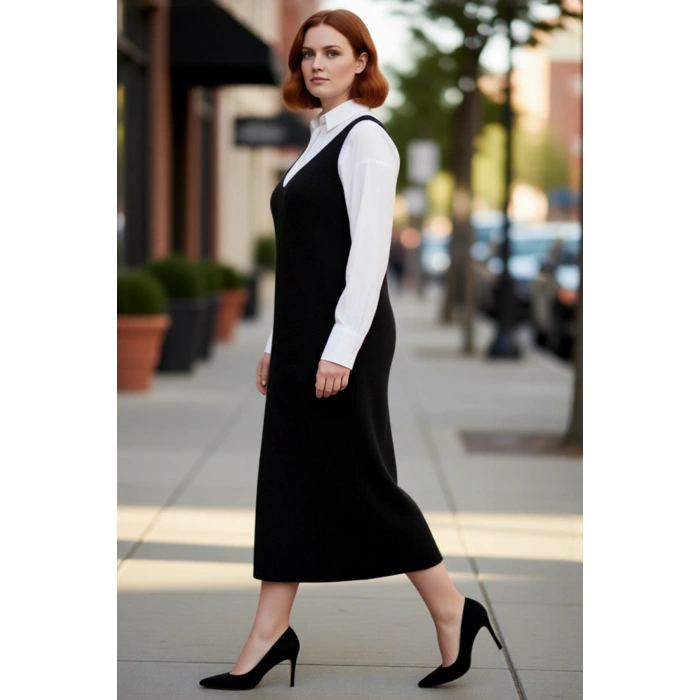 Kadın Gri Shift Kalıp Triko Jile Midi Elbise V Yaka Düz Dokulu Konforlu İlkbahar Sonbahar Kaliteli