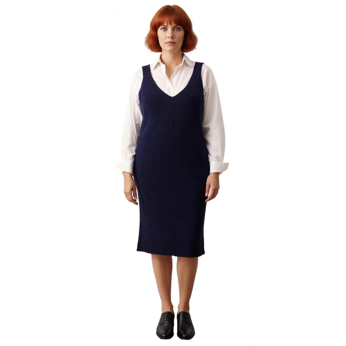 Kadın Gri Shift Kalıp Triko Jile Midi Elbise V Yaka Düz Dokulu Konforlu İlkbahar Sonbahar Kaliteli