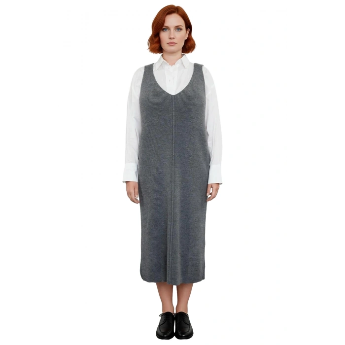 Kadın Gri Shift Kalıp Triko Jile Midi Elbise V Yaka Düz Dokulu Konforlu İlkbahar Sonbahar Kaliteli