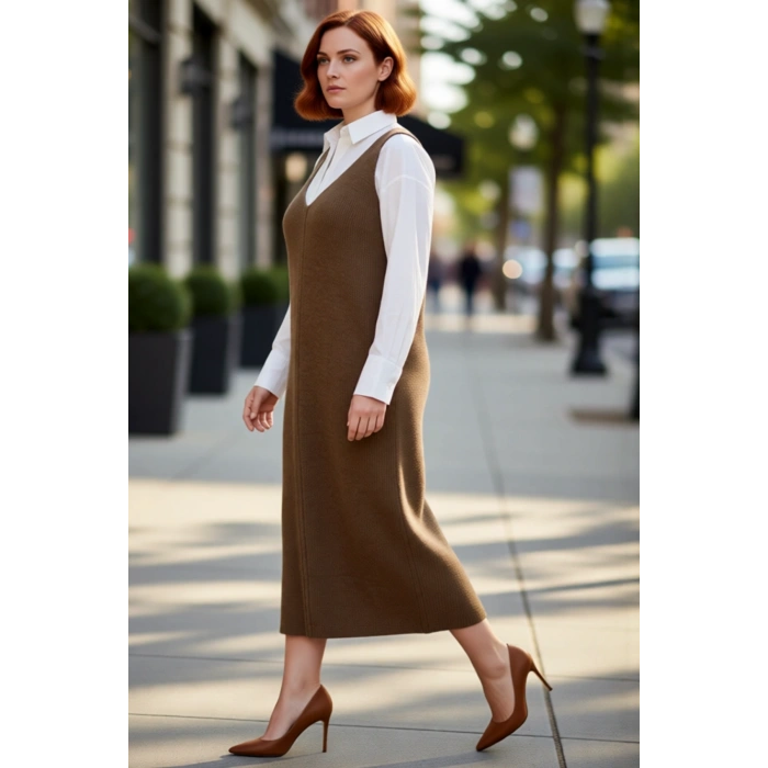 Kadın Gri Shift Kalıp Triko Jile Midi Elbise V Yaka Düz Dokulu Konforlu İlkbahar Sonbahar Kaliteli