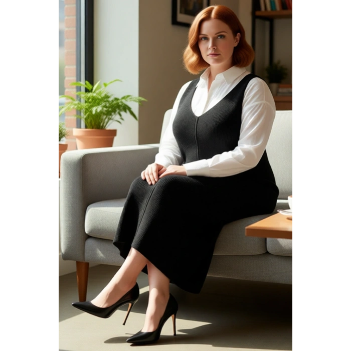 Kadın Gri Shift Kalıp Triko Jile Midi Elbise V Yaka Düz Dokulu Konforlu İlkbahar Sonbahar Kaliteli