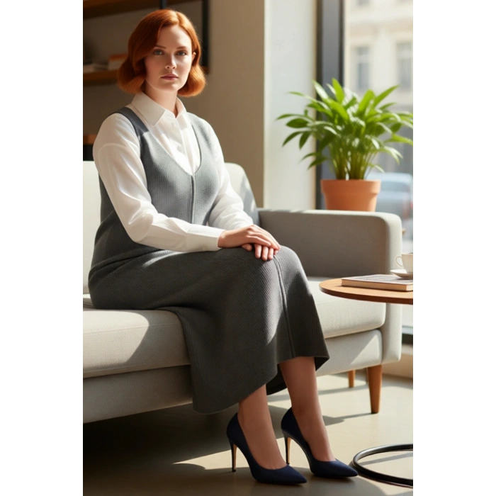 Kadın Gri Shift Kalıp Triko Jile Midi Elbise V Yaka Düz Dokulu Konforlu İlkbahar Sonbahar Kaliteli