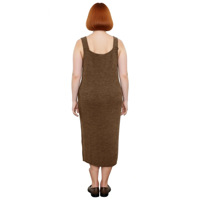 Kadın Gri Shift Kalıp Triko Jile Midi Elbise V Yaka Düz Dokulu Konforlu İlkbahar Sonbahar Kaliteli