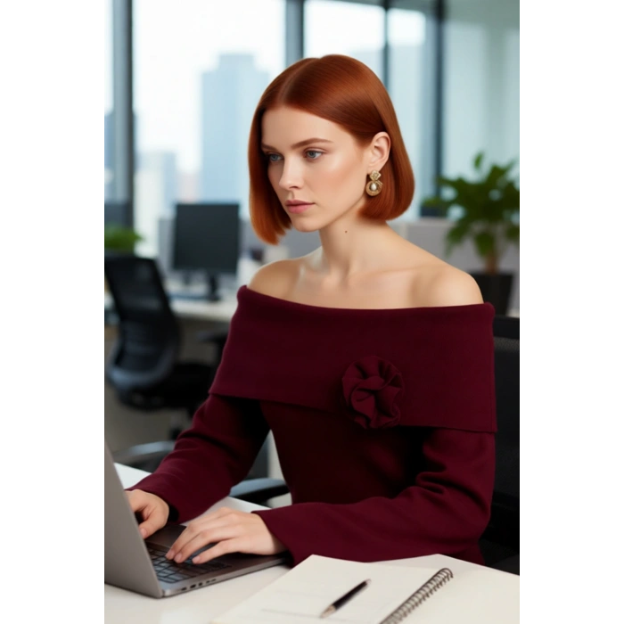 Kadın Gül Detaylı Carmen Yaka Triko Kazak Modern Şık Regular Kalıp Çan Kol Rahat Kullanım Kaliteli