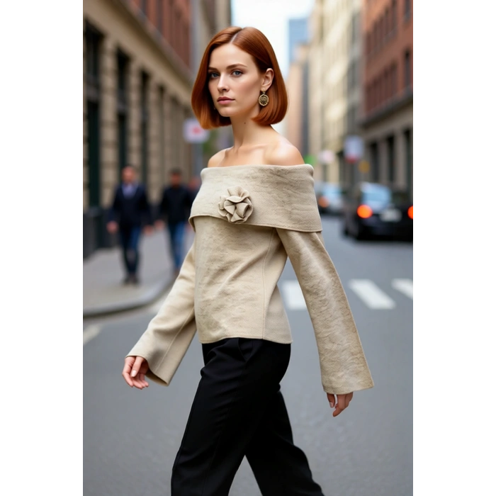 Kadın Gül Detaylı Carmen Yaka Triko Kazak Modern Şık Regular Kalıp Çan Kol Rahat Kullanım Kaliteli