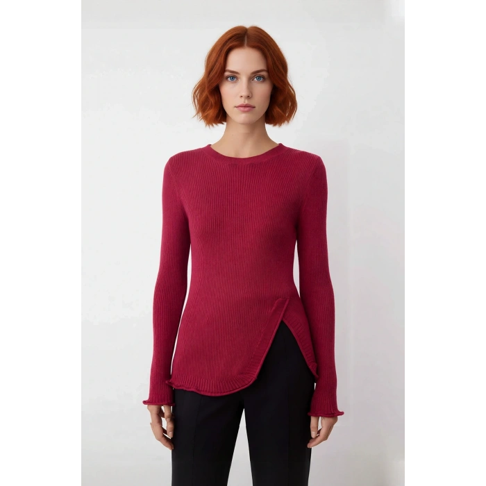 Kadın Gül Kurusu Fitted Yırtmaç Detaylı Bisiklet Yaka İnce Triko Kazak Günlük Şıklık Sunar