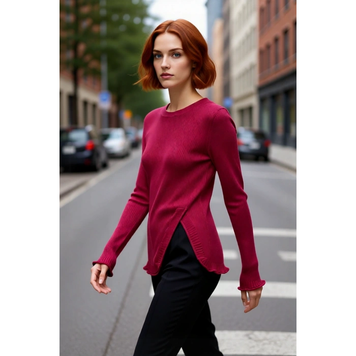 Kadın Gül Kurusu Fitted Yırtmaç Detaylı Bisiklet Yaka İnce Triko Kazak Günlük Şıklık Sunar