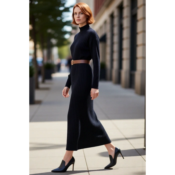 Kadın Günlük Akrilik Düşük Kol Dik Yaka Maxi Boy Triko Elbise Kemerli Yırtmaç Detaylı Soğuk Hava