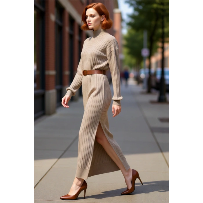 Kadın Günlük Akrilik Düşük Kol Dik Yaka Maxi Boy Triko Elbise Kemerli Yırtmaç Detaylı Soğuk Hava