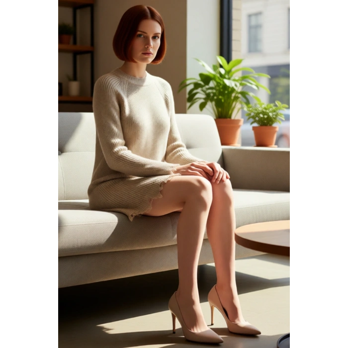 Kadın Günlük Akrilik Mini Elbise Shift Kalıp Akıtma Detaylı Bisiklet Yaka Uzun Kollu Triko Tasarım