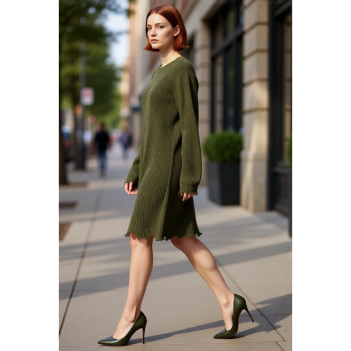 Kadın Günlük Akrilik Mini Elbise Shift Kalıp Akıtma Detaylı Bisiklet Yaka Uzun Kollu Triko Tasarım