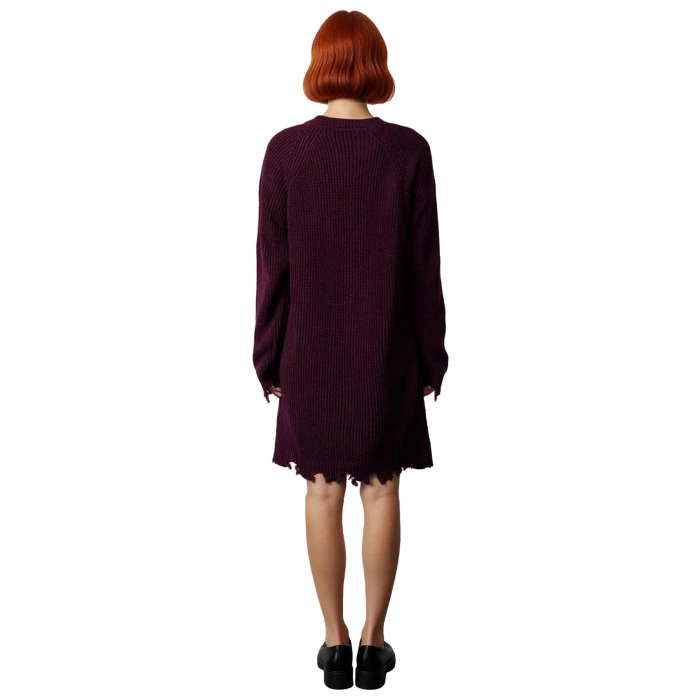 Kadın Günlük Akrilik Mini Elbise Shift Kalıp Akıtma Detaylı Bisiklet Yaka Uzun Kollu Triko Tasarım