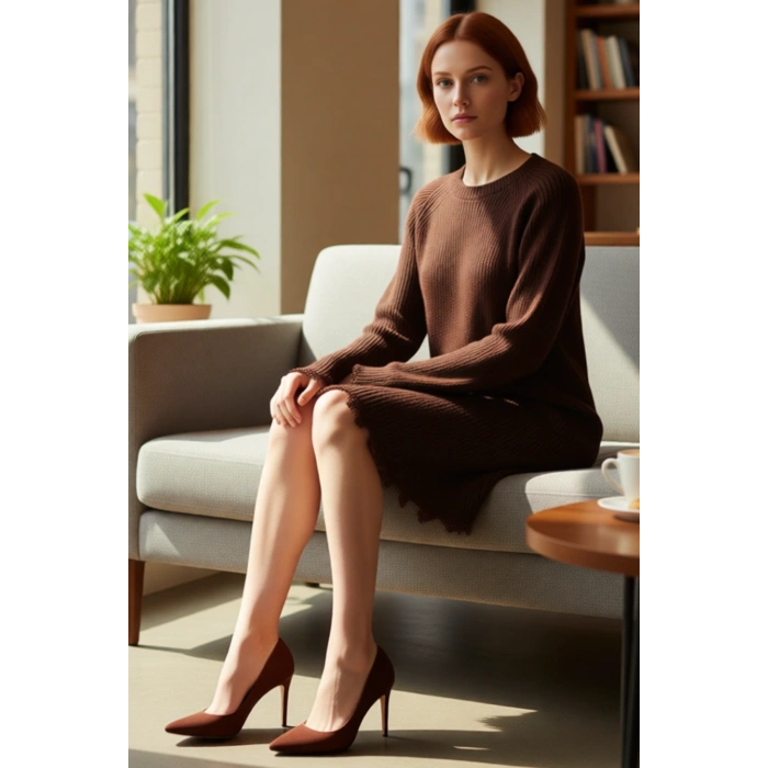 Kadın Günlük Akrilik Mini Elbise Shift Kalıp Akıtma Detaylı Bisiklet Yaka Uzun Kollu Triko Tasarım