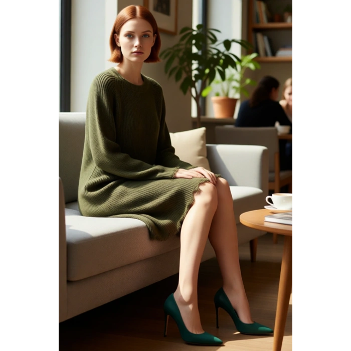 Kadın Günlük Akrilik Mini Elbise Shift Kalıp Akıtma Detaylı Bisiklet Yaka Uzun Kollu Triko Tasarım