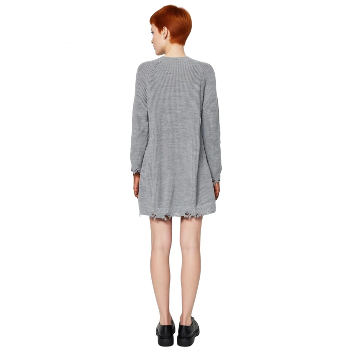 Kadın Günlük Akrilik Mini Elbise Shift Kalıp Akıtma Detaylı Bisiklet Yaka Uzun Kollu Triko Tasarım